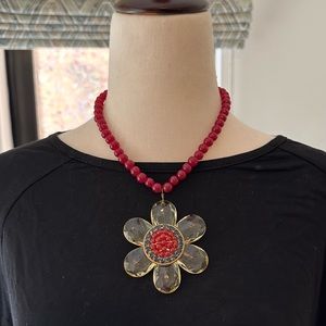 Red - Yellow - Green Beaded Statement Necklace with Flower Pendant